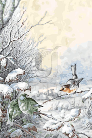 Malowanie po numerach Malowanie po numerach «Harry Bright. Rudzik i dzwońce w śnieżnym żywopłocie» фото