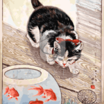 Malowanie po numerach «Ohara Koson. Kot i trzy złote rybki»