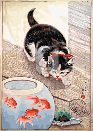 Malowanie po numerach Malowanie po numerach «Ohara Koson. Kot i trzy złote rybki» фото